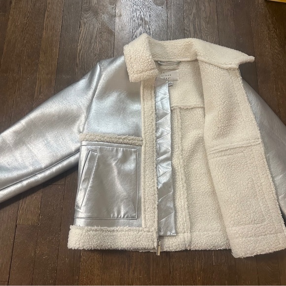Metallic Silver Faux Leather Jacket with Sherpa Accents - Picture 4 of 6